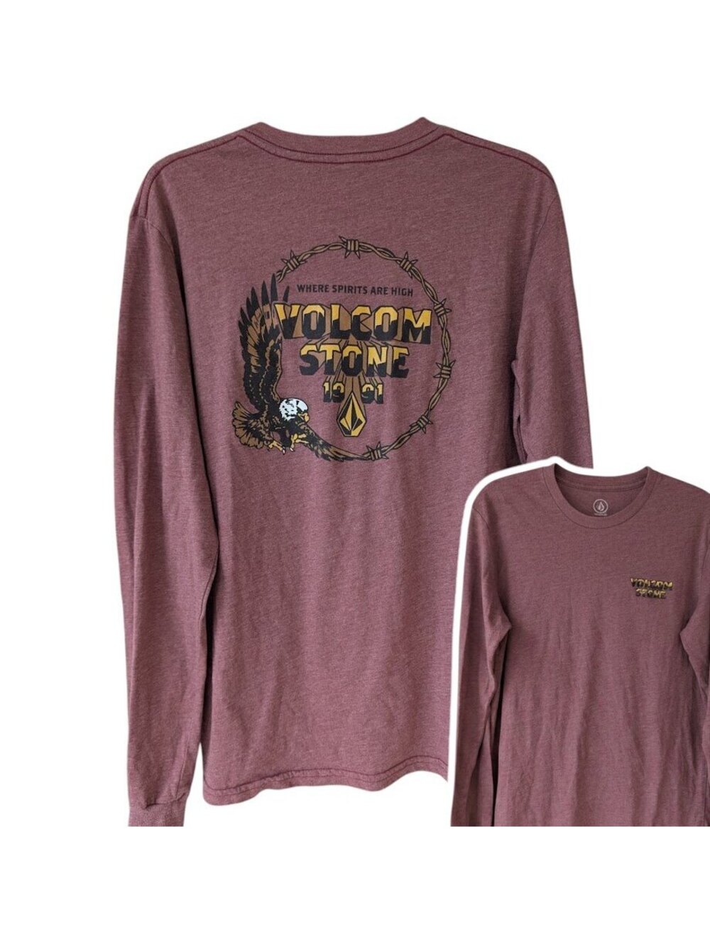 Volcom Stone Eagle Graphic Long Sleeve T-Shirt Men Medium Heather Burgundy 20x27